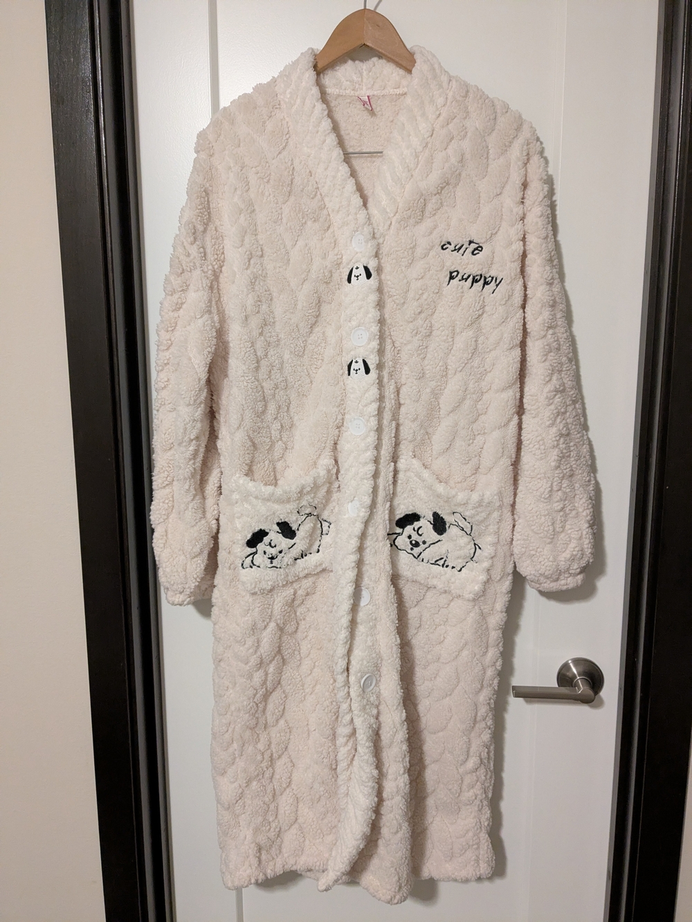Plush 'Cute Puppy' Long Button Robe - Cream with Puppy Embroidery